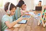 Tablet, headphones and children for online learning, education and parents support with work from home. Writing, teaching and parents or people with kids on digital tech, elearning audio and internet