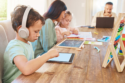 Buy stock photo Tablet, headphones and children for online learning, education and parents support on home school app. Writing, teaching and parents or people with kids on digital tech, elearning audio and internet