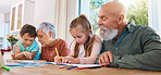 Family, homework and education with children writing, learning or drawing with colors and grandparents. Kids, school or study with kids, senior man and woman in their home for growth or development