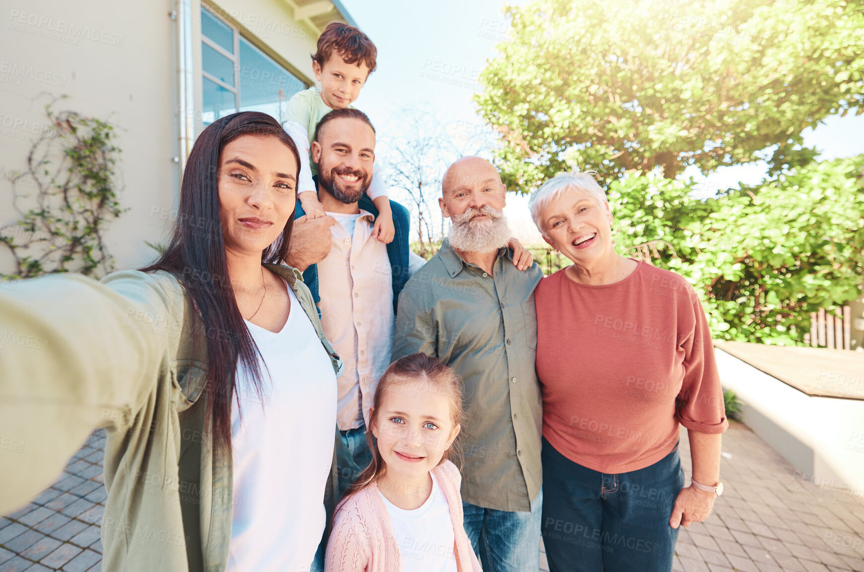 Buy stock photo Happy family, selfie and grandparents with kids in backyard for happiness, holiday or love for social media. Senior man, woman and couple with children with excited face, smile and profile picture