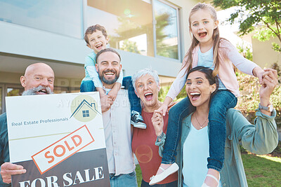 Buy stock photo Real estate, portrait and happy family outside of new house, excited and smiling in a garden. Property sign, sale and kids, parents and grandparents celebrating and moving into dream home in the yard