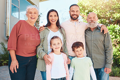 Buy stock photo Family is outdoor, happy in portrait with generations, happiness with grandparents, parents and kids in garden. People together at holiday home on summer vacation, smile and bond with love and care