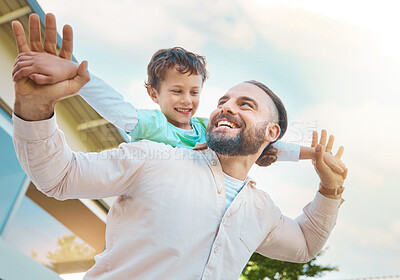 Buy stock photo Happiness, piggyback and father playing with kid outdoor, bonding and having fun. Smile, dad and carrying boy, ride and play together while enjoying quality family time in backyard with care and love