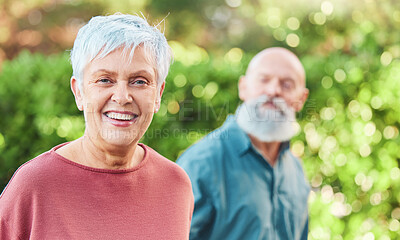 Buy stock photo Nature, happy and portrait of a senior woman on an outdoor walk with her husband for health and wellness. Happiness, smile and face of a elderly female person in retirement walking in garden or park.