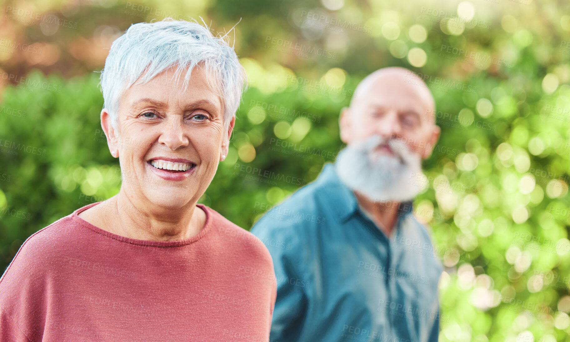 Buy stock photo Nature, happy and portrait of a senior woman on an outdoor walk with her husband for health and wellness. Happiness, smile and face of a elderly female person in retirement walking in garden or park.