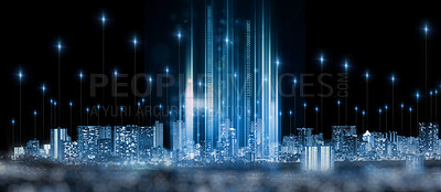 Buy stock photo Data, information technology and innovation in a city at night for cyber security or digital networking. Communication, overlay and cloud computing with special effects over a futuristic urban town