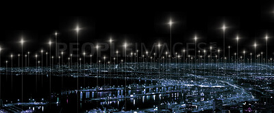 Buy stock photo Data, network and cyber with city at night for connection, cyber and cloud computing. Technology abstract, communication and futuristic with skyline of urban town for internet, media and light