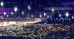 Data, network and digital with city at night for connection, cyber and cloud computing. Technology abstract, communication and futuristic with skyline of urban town for internet, media and light