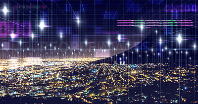 Buy stock photo Data, network and digital with city at night for connection, cyber and cloud computing. Technology abstract, communication and futuristic with skyline of urban town for internet, media and light