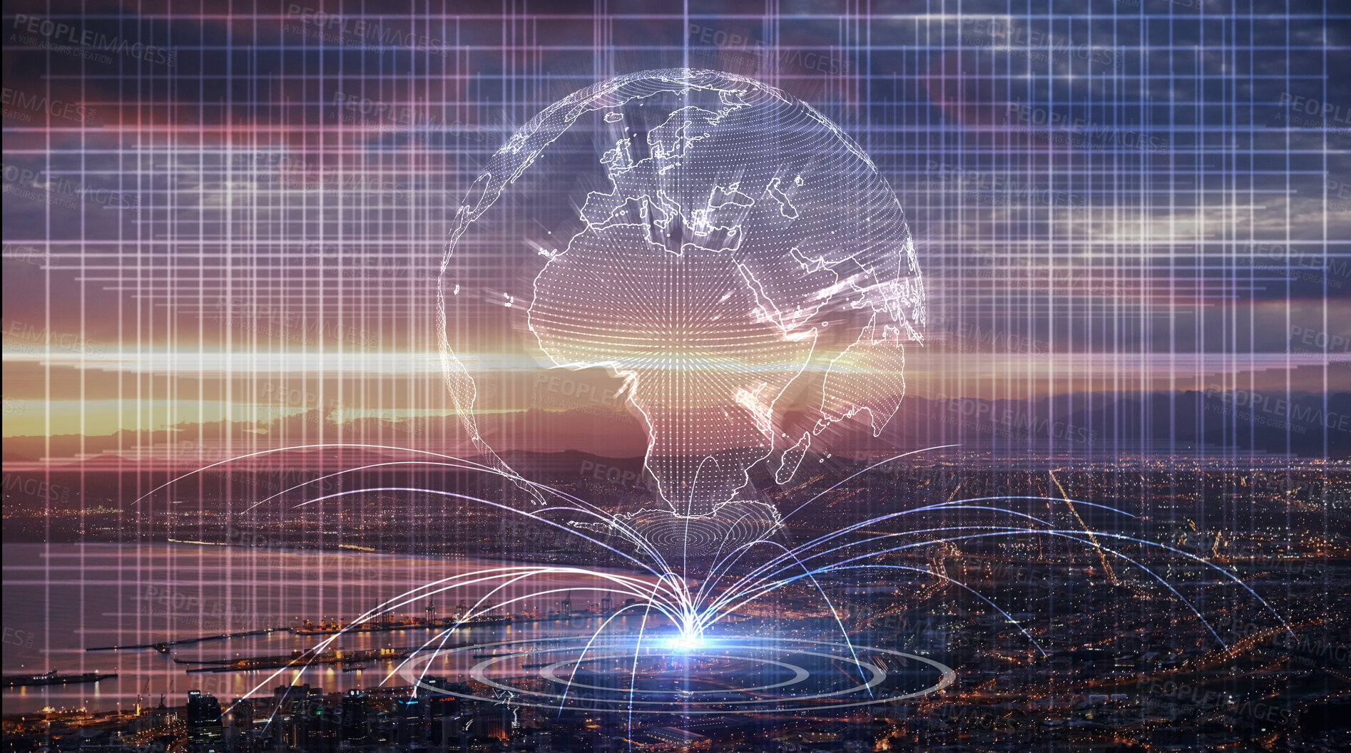 Buy stock photo Earth hologram, night and connectivity with skyscraper, city network or iot infrastructure development in Cape Town. Metro, cbd and skyline with 3d holographic globe for big data, metaverse or tech