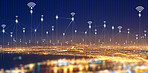 Cityscape, skyline and overlay for network, connection or iot infrastructure development for metaverse. Metro, cbd and skyline with 3d holographic for smart city, connectivity and buildings in night
