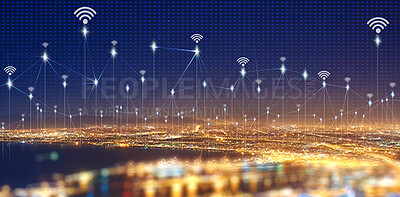 Buy stock photo Cityscape, skyline and overlay for network, connection or iot infrastructure development for transformation. Metro, cbd and night sky of 3d holographic smart city, digital connectivity and buildings