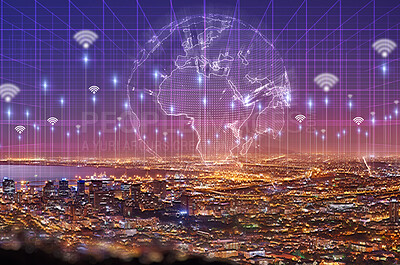 Buy stock photo Global, network and information technology with an overlay city at night for connectivity or data sharing. 3d globe, hologram and ai for digital transformation or cyber security in an urban town