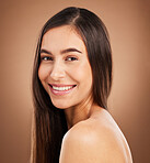 Hair, happy and portrait of woman in studio for wellness, keratin treatment and healthy style on brown background. Salon aesthetic, smile and face of girl with cosmetics, texture and natural beauty