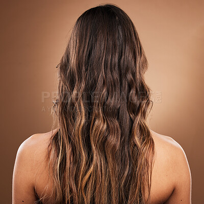 Buy stock photo Back, hair and beauty with a model woman in studio on a brown background for natural or keratin treatment. Aesthetic, salon and shampoo with a female customer at the hairdresser for luxury haircare