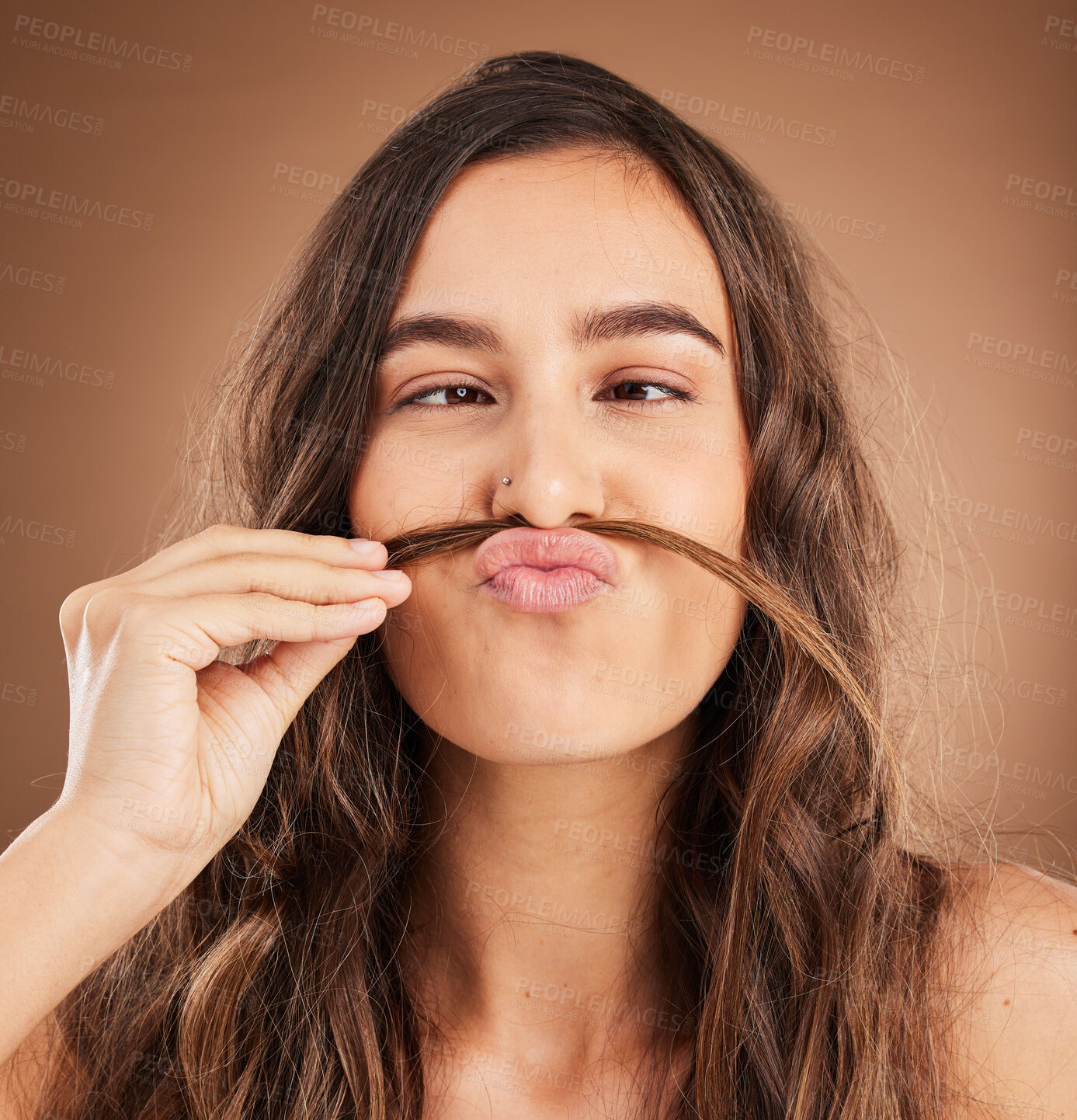 Buy stock photo Hair care, comic mustache and face of woman for wellness, hairstyle and health on studio background. Salon aesthetic, hairdresser and silly girl with cosmetics, keratin treatment and natural beauty