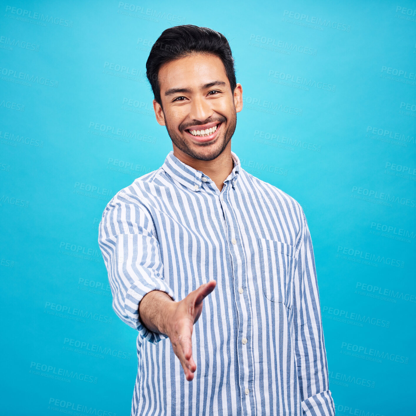 Buy stock photo Handshake, interview and portrait of business man on blue background for thank you, welcome and deal. Recruitment, hiring and male shaking hands for opportunity, agreement and onboarding in studio