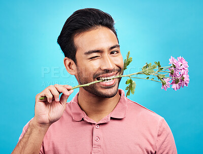 Buy stock photo Teeth, flower and wink with portrait of man in studio for celebration, gift and romance. Funny, goofy and present with male isolated on blue background for flirting, smile and valentines day mockup