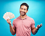 Happy man in portrait, cash fan and financial freedom with money, prize or reward isolated on blue background. Finance with savings, bonus and male person with smile and economic success in studio