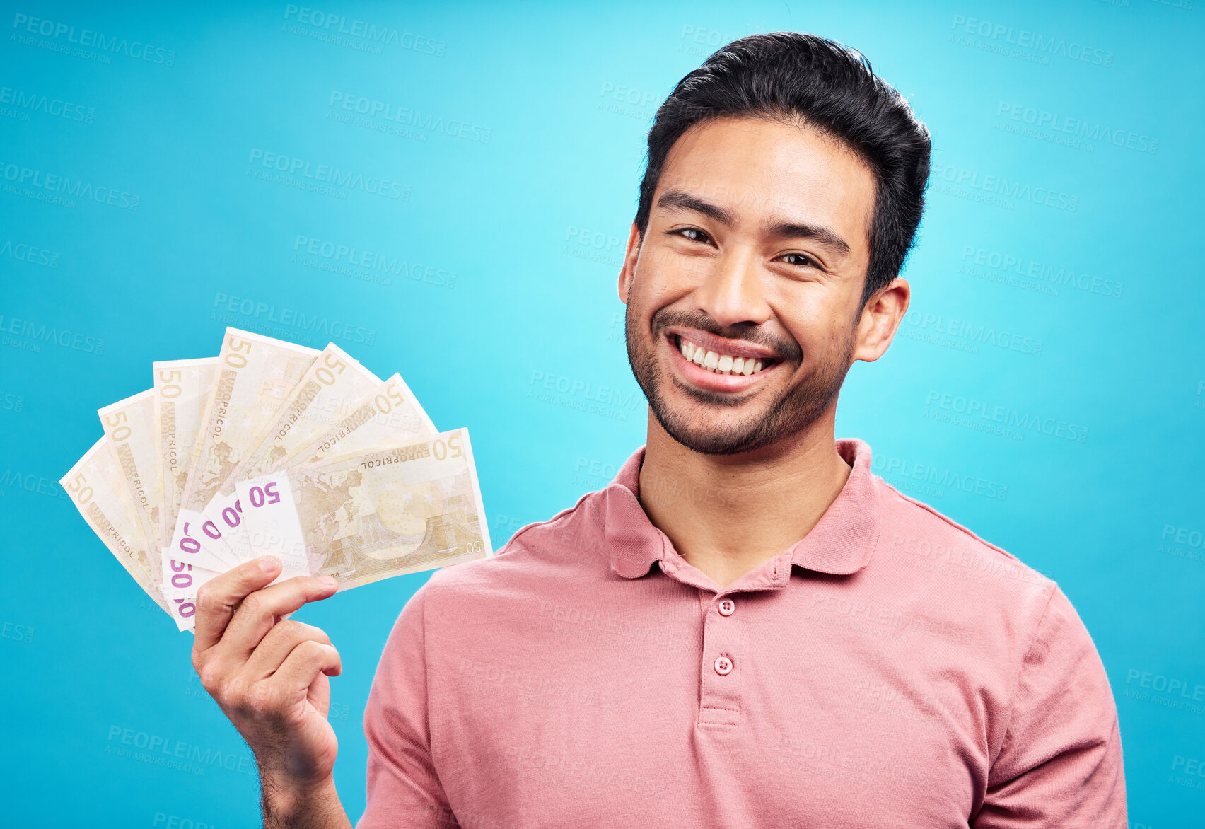 Buy stock photo Happy man in portrait, money fan and cash prize with financial freedom and reward isolated on blue background. Finance, savings and investment payment, male person with economic success in studio