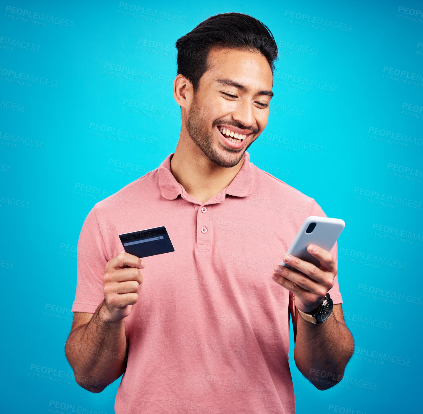 Buy stock photo Happy man with smartphone, credit card and smile, ecommerce and fintech isolated on blue background. Online shopping, internet banking and finance with technology and male with bank app on phone