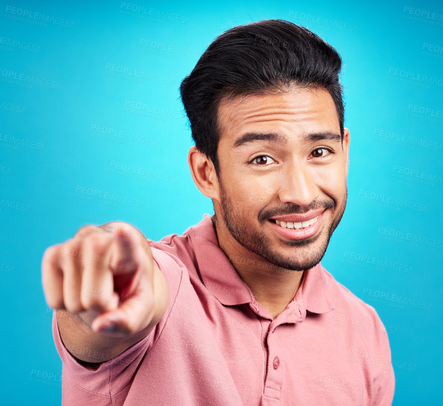 Buy stock photo Pointing, you and portrait of man. in studio for motivation, choice and decision. Happy, smile and yes with male and hand gesture isolated on blue background for option, offer and emoji mockup