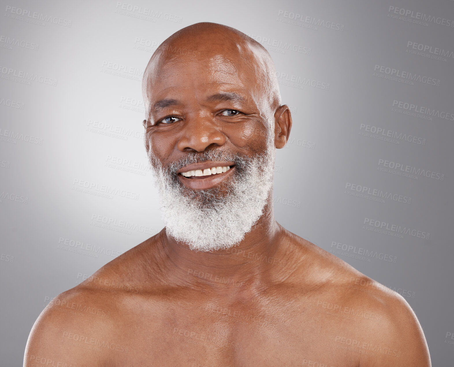 Buy stock photo Senior, skincare and portrait of black man in studio for beauty, grooming and wellness on grey background. Face, smile and happy elderly male model relax and excited for body care, results and pamper