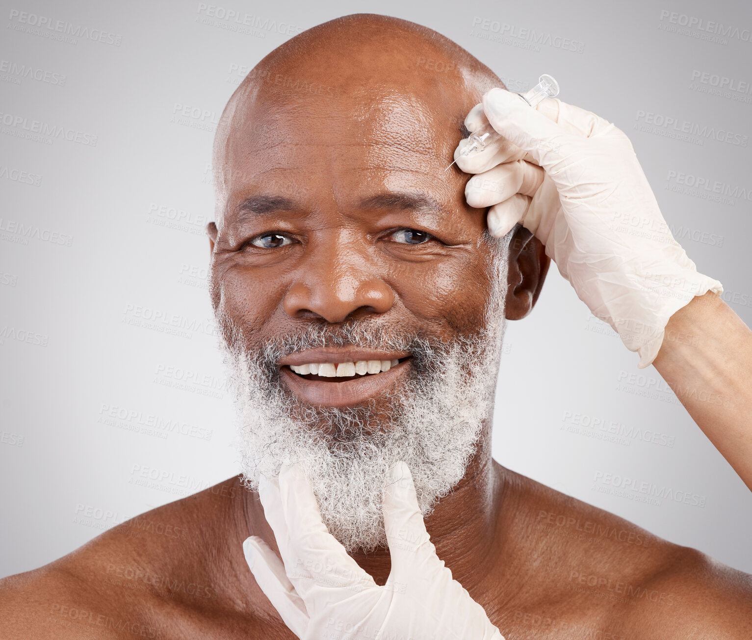 Buy stock photo Skincare, collagen syringe and portrait of black man with smile, happiness and professional anti ageing spa treatment.  Dermatology, cosmetic process and happy, mature model with dermal filler needle