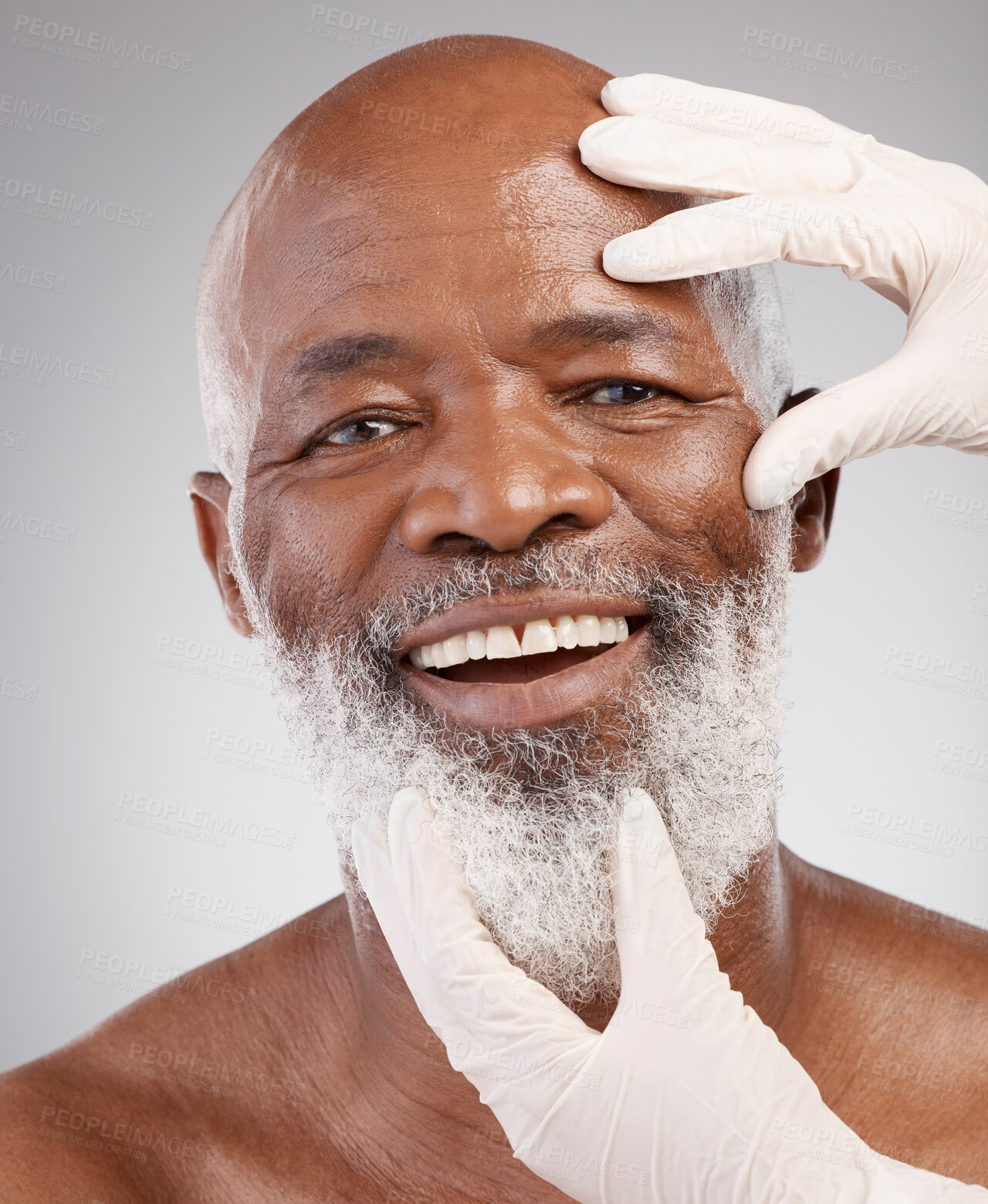 Buy stock photo Skincare portrait, face and man with gloves, happiness or professional anti ageing spa treatment in studio.  Dermatology, cosmetics and mature African model with cosmetic skin care process at salon