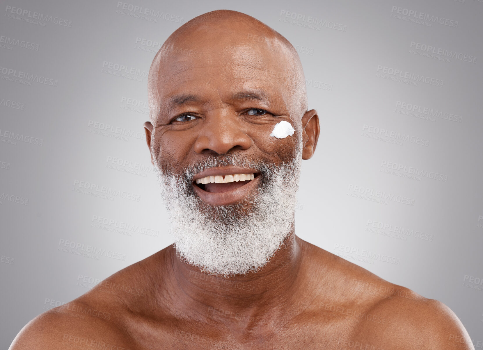 Buy stock photo Skincare, cream and portrait of senior black man in studio for wellness, cosmetics and facial creme. Dermatology, beauty and face of happy guy with anti aging lotion, wrinkle treatment or moisturizer