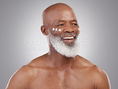 Buy stock photo Skincare cream, happy and face of old man for wellness, cosmetics and facial creme on studio background. Dermatology, beauty and black male guy thinking in anti aging lotion, wrinkles and moisturizer