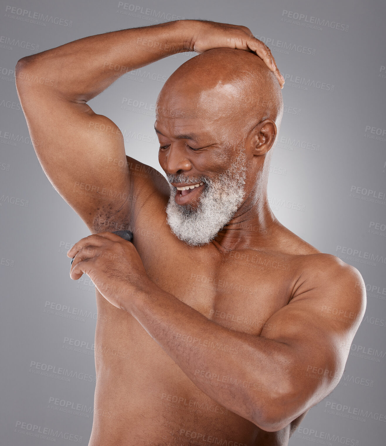 Buy stock photo Cosmetics, deodorant and black man with skincare, routine for grooming and guy against dark studio background. Mature male, happy person and senior citizen with hygiene product, hygiene and fragrance