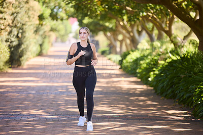 Buy stock photo Music, fitness or woman running in park training, cardio exercise or full body workout for marathon. Sports, runner or healthy girl athlete exercising on jog streaming audio or radio song in nature