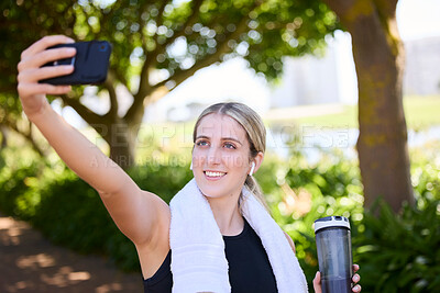 Buy stock photo Park, happy woman or fitness influencer taking a selfie at training, running or workout in a park. Smile, runner or healthy girl athlete in headphones talking pictures or photo to relax on a break