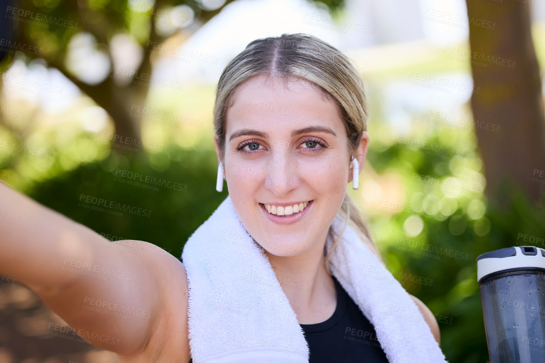 Buy stock photo Portrait, happy woman or fitness influencer taking a selfie at training, running or workout in a park. Smile, runner or healthy girl athlete in headphones talking pictures or photo on social media