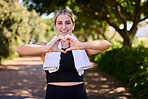 Fitness, heart hands or portrait of happy woman in park for running exercise or workout for body health. Heart sign, self love or active girl athlete runner in sports training for wellness in nature