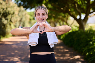 Buy stock photo Fitness, heart hands or portrait of happy woman in park for running exercise or workout for body health. Heart sign, self love or active girl athlete runner in sports training for wellness in nature