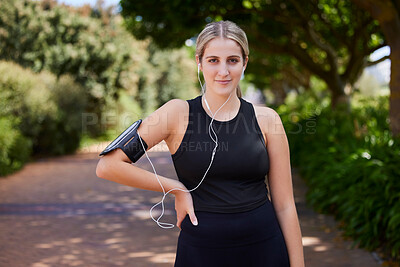 Buy stock photo Headphones, runner or portrait of woman in park training, exercise or workout for a healthy body. Wellness, fitness break or sports girl athlete exercising or streaming audio or radio song in nature