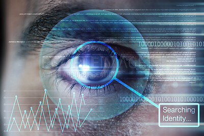 Buy stock photo Identity, hologram or man with eye scan in digital cybersecurity technology for Information database. Biometric laser, ai innovation or zoom of searching word in recognition or verification sensor