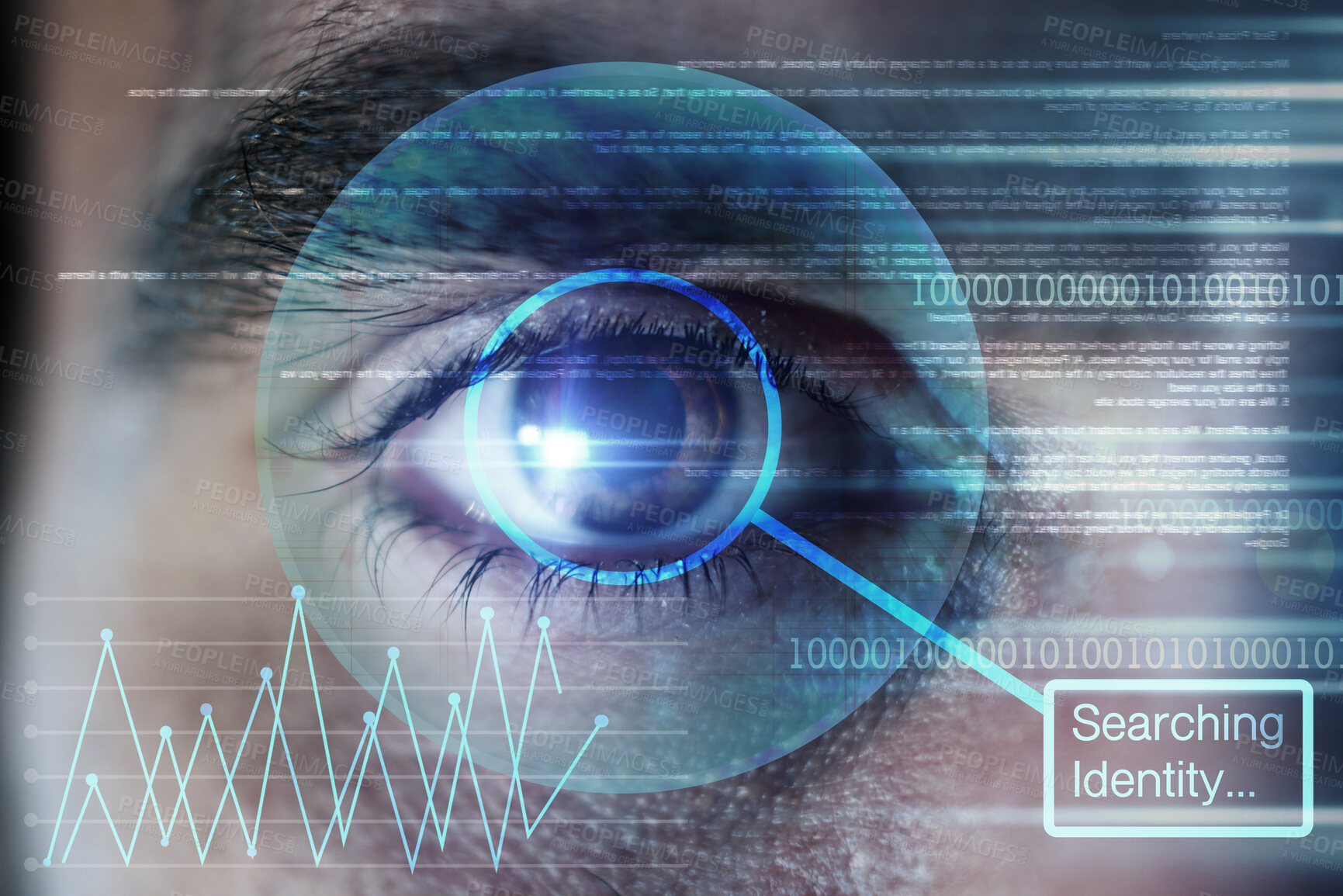 Buy stock photo Identity, hologram or man with eye scan in digital cybersecurity technology for Information database. Biometric laser, ai innovation or zoom of searching word in recognition or verification sensor