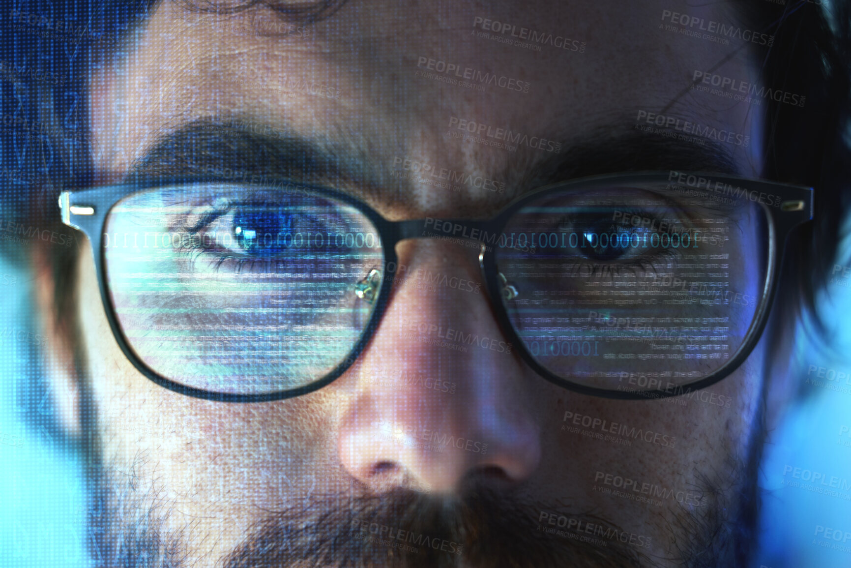 Buy stock photo Face, smart glasses and overlay of man with futuristic hologram for cybersecurity. Portrait, iris scanner and person with technology for facial recognition, biometric or digital identification data.