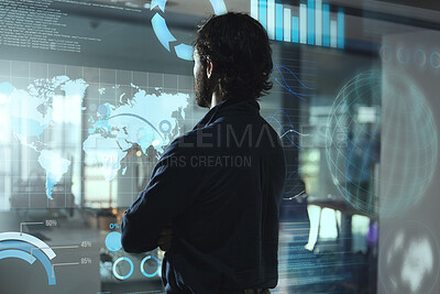 Buy stock photo Monitor hologram, business man and data analytics for global networking, worldwide technology or digital software.. Holographic screen of statistics and global information and person, night and rear