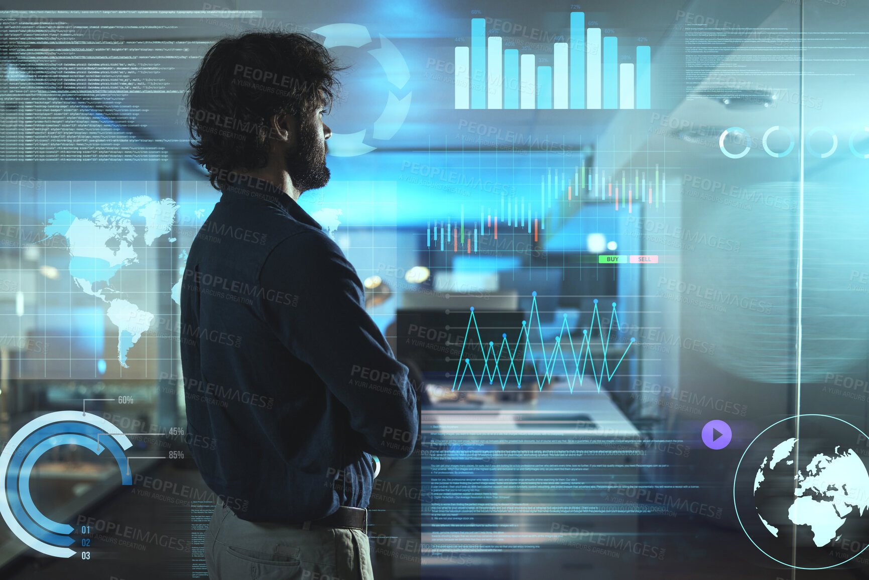 Buy stock photo Monitor hologram, business man and information technology,  data analytics or global networking of graphs and charts. Person with digital, night holographic or overlay statistics, globe and 3d screen