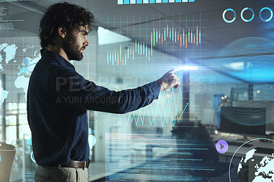 Buy stock photo Touchscreen hologram, business man and data analytics for statistics, graphs and charts review on digital technology at night. Person or user press on holographic database with global information