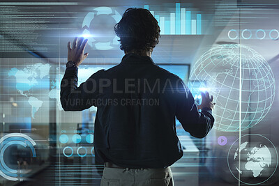 Buy stock photo Business man, touchscreen and hologram of information technology, data analytics and global statistics on digital glass. Person or user press on holographic database with charts, graphs in night rear