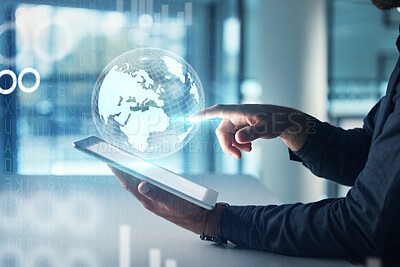 Buy stock photo Globe, tablet hologram and man hands in global networking, digital world overlay or futuristic business data. Holographic, futuristic technology of person or user touchscreen for worldwide connection