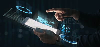 Buy stock photo Hand of person, tablet or hologram of digital, information technology, data analytics or global statistics. Futuristic, man or user typing on holographic iot dashboard overlay for networking at night