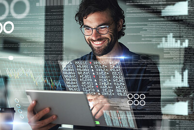 Buy stock photo Business man, stock market and tablet hologram with digital overlay for tech, statistics or data. 3d, augmented reality and happy person with touchscreen for futuristic trading, finance or investment