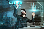 Virtual reality, business man and 3d graphs for working on statistics, data or hologram at night. Metaverse, vr and professional person with futuristic technology with charts, analytics and overlay.