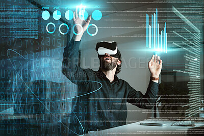 Buy stock photo Virtual reality, business man and 3d graphs for working on statistics, data or hologram at night. Metaverse, vr and professional person with futuristic technology with charts, analytics and overlay.